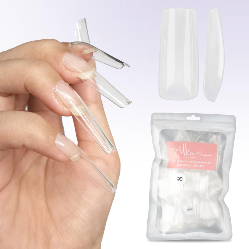Allkem Soft Gel Nail Tips  XL Square Nail Extensions with Refill Bag  12 Sizes Extra Long Full Cover Nails  Clear 500 Pieces